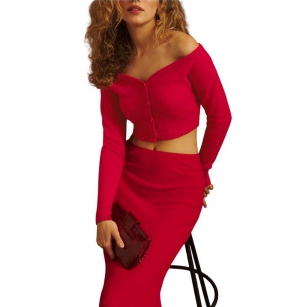 Reformation Red Millie Cashmere Off Shoulder Crop Top Sweater Size M